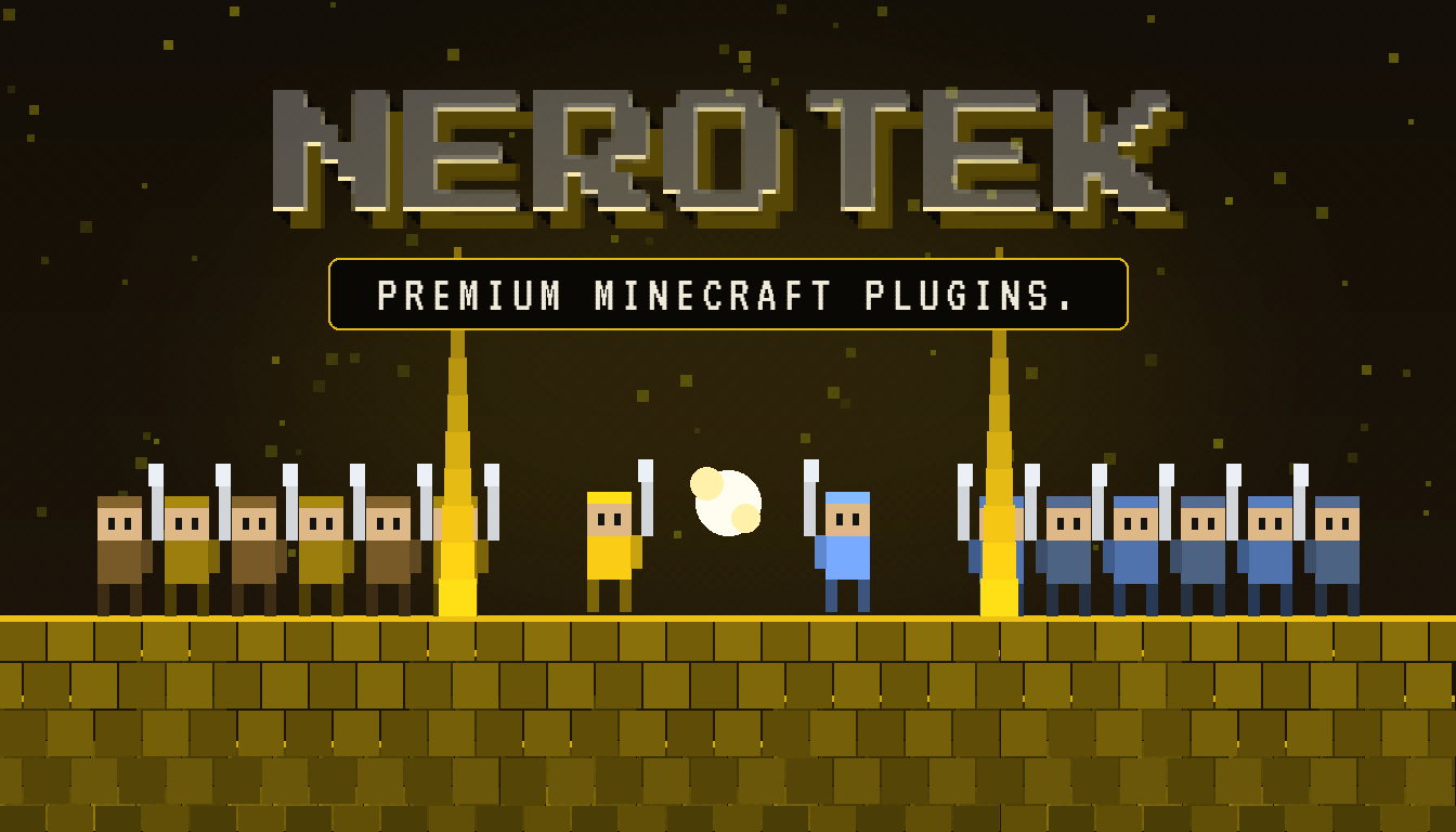 Pixel-art arena battle in the Nerotek blocky world — two teams clashing under golden beacon beams