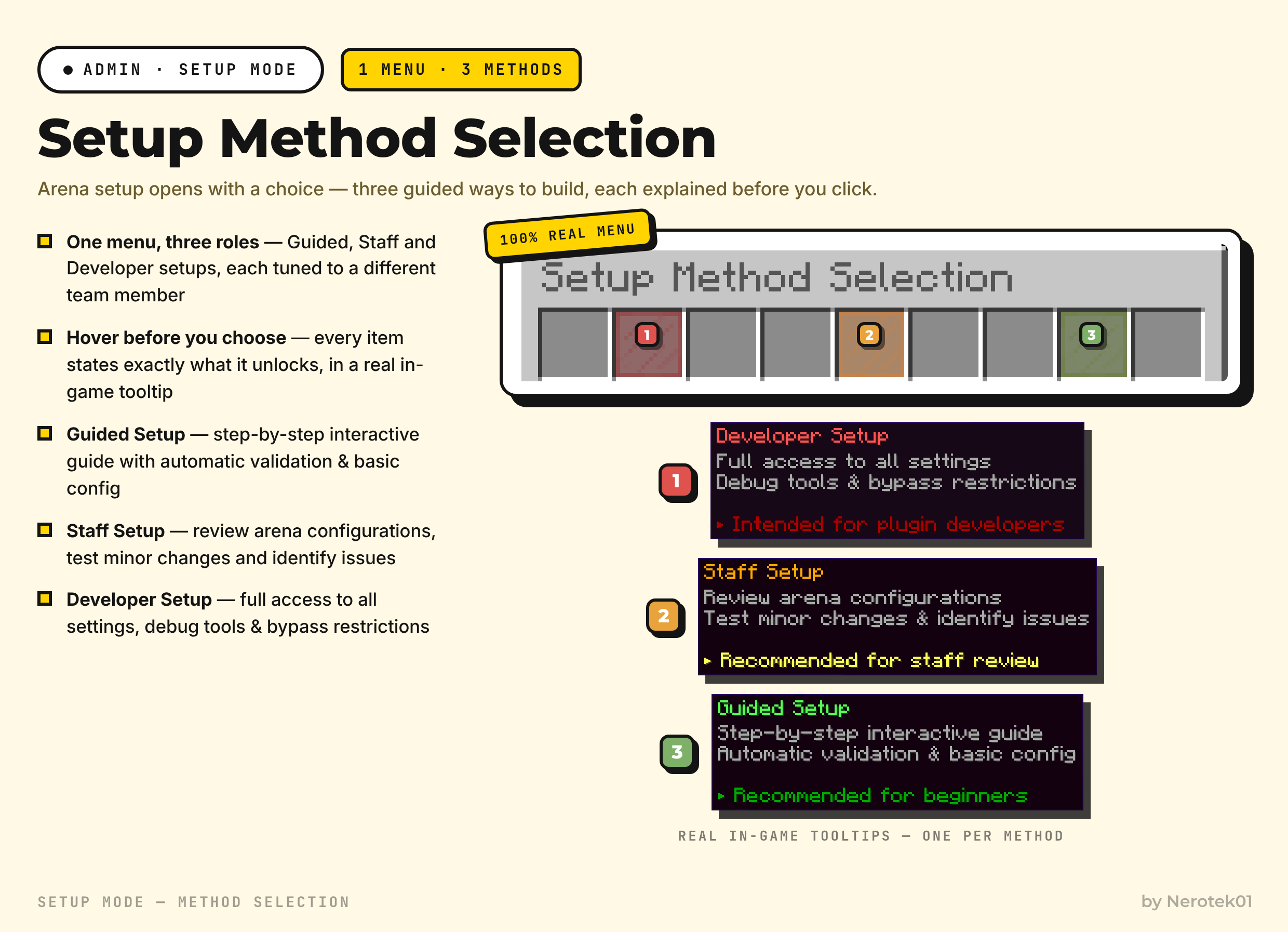 BedWars Setup Method Selection menu with Developer, Staff and Guided setup tooltips