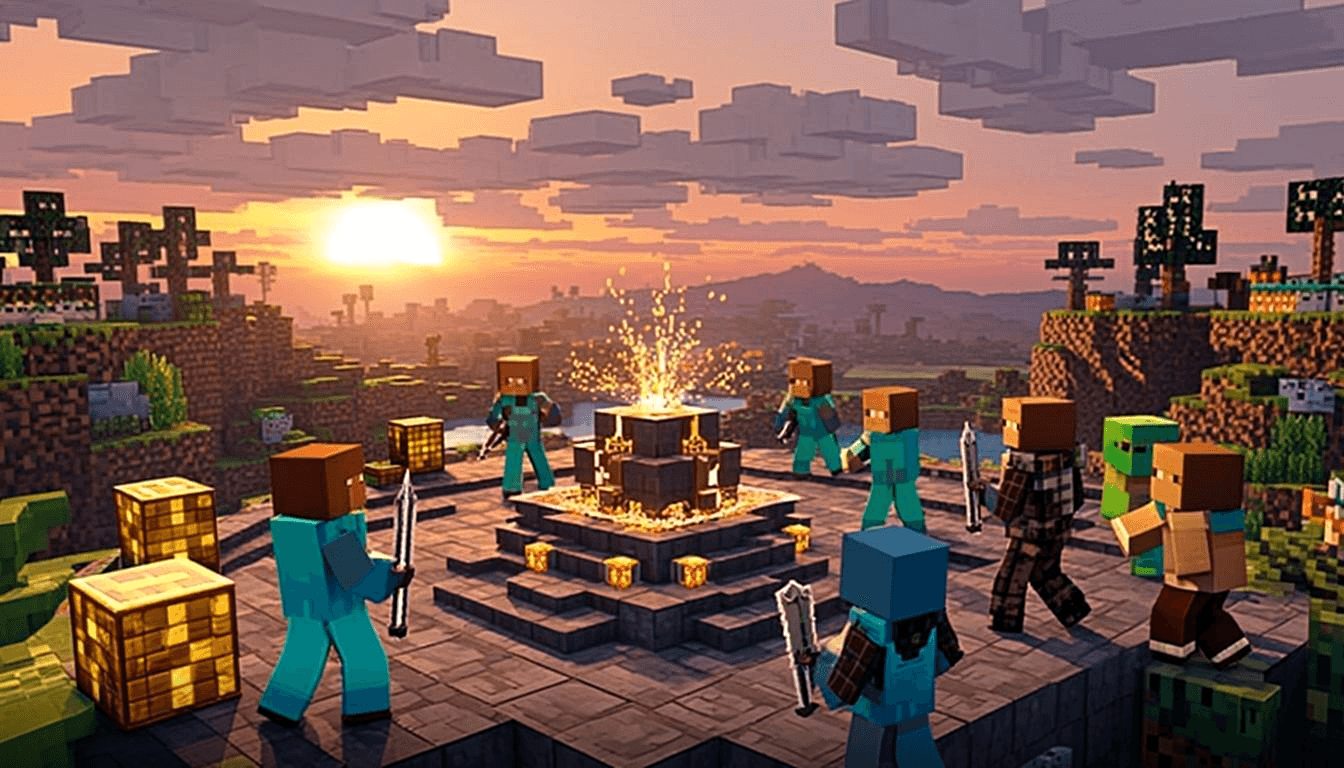 Blocky BedWars-style arena at golden hour — teams clashing between generator-lit island bases